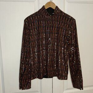 Zara Sequin Top Womens M Red‎ Black Orange Sparkle Party Mock Neck Date Night